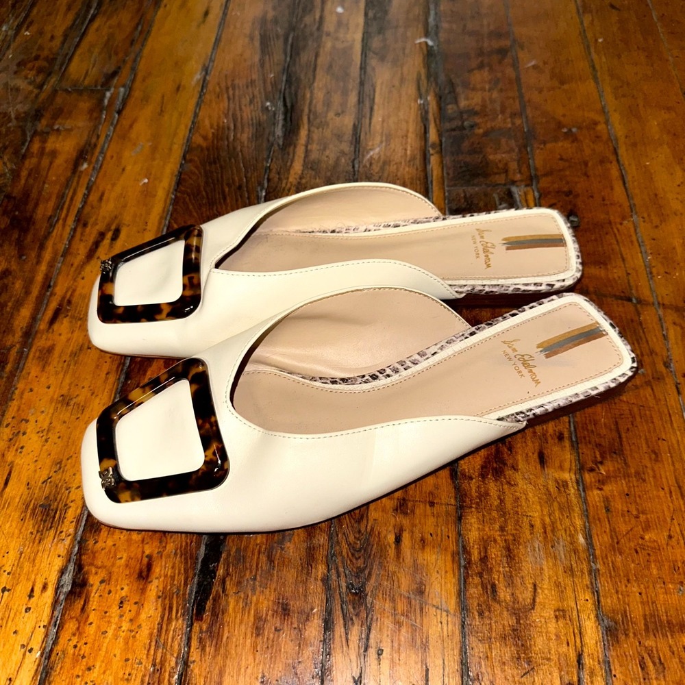 Sam Edelman Mules Women's 8.5 Cream Leather Buckle Square Toe Slip-On Shoes - Picture 2 of 7